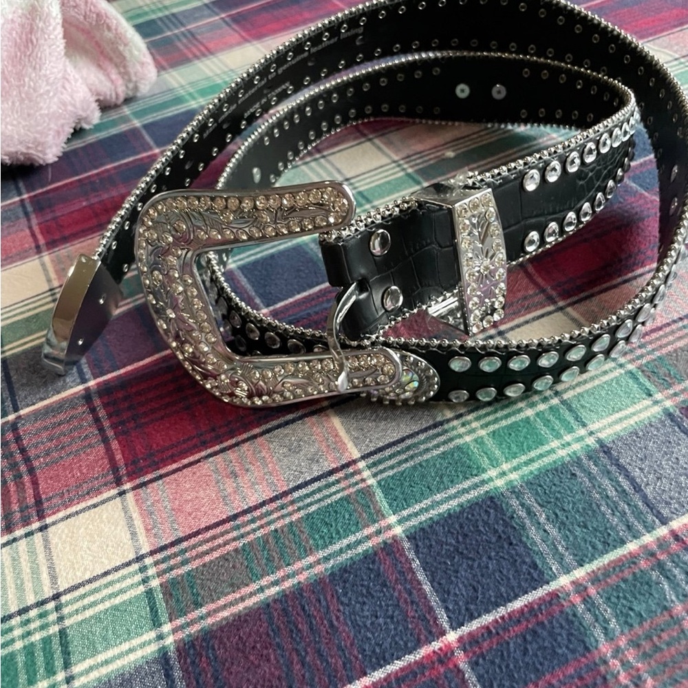 Black Studded Belt with Rhinestone Buckle